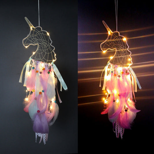 Unicorn Dream Catching Net with Lamp Wall Hanging