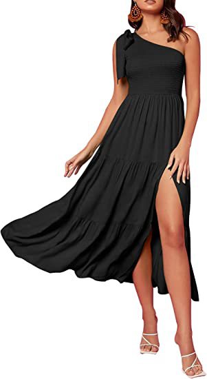 One Shoulder Pleated Layered Hem Split Dress