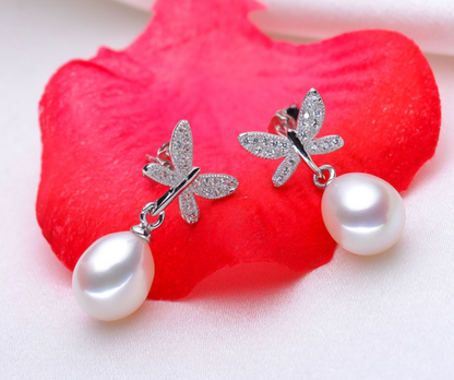 Silver Butterfly Natural Pearl Earrings