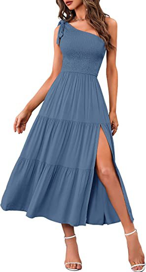 One Shoulder Pleated Layered Hem Split Dress