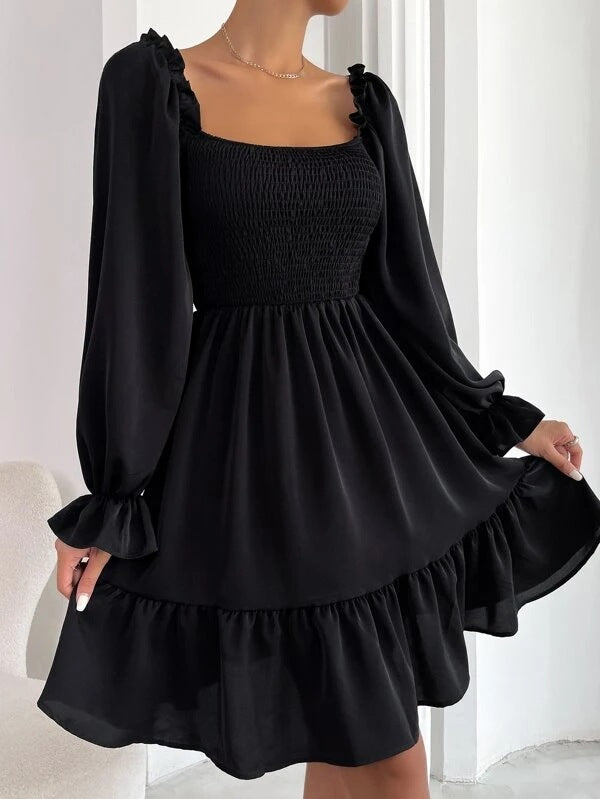 Flared Long Sleeve Square Neck Ruffled Swing Dress