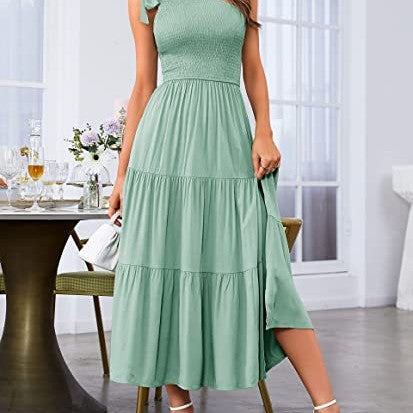 One Shoulder Pleated Layered Hem Split Dress