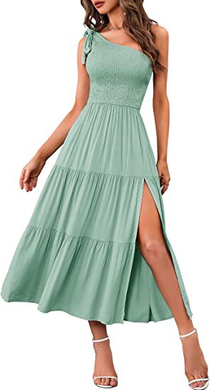 One Shoulder Pleated Layered Hem Split Dress