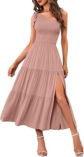 One Shoulder Pleated Layered Hem Split Dress