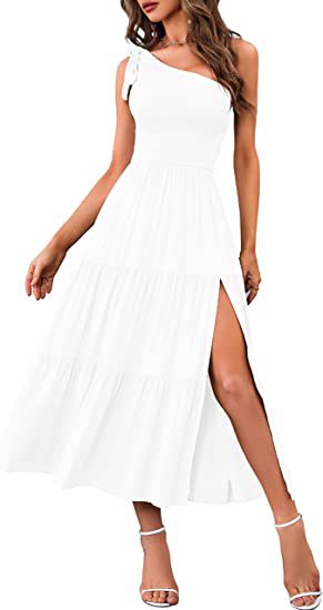 One Shoulder Pleated Layered Hem Split Dress