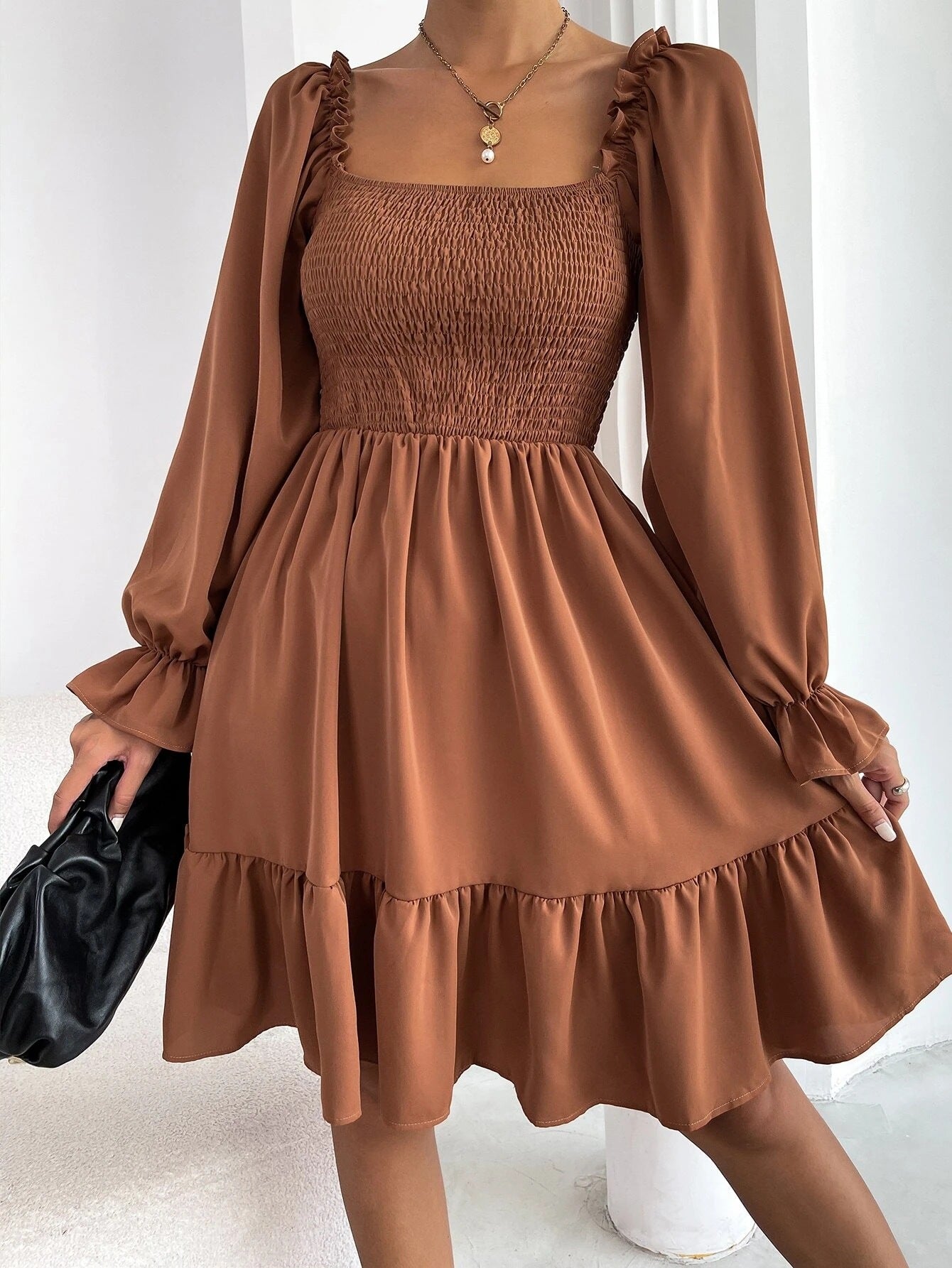 Flared Long Sleeve Square Neck Ruffled Swing Dress