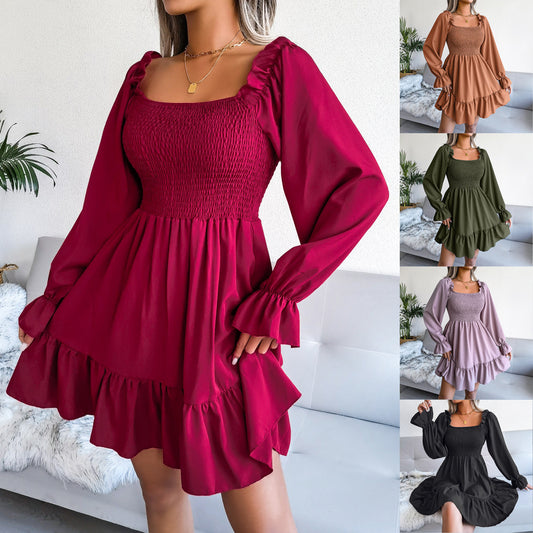 Flared Long Sleeve Square Neck Ruffled Swing Dress