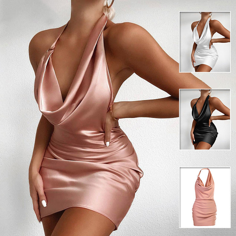 Satin V Neck Backless Mini Party Dress