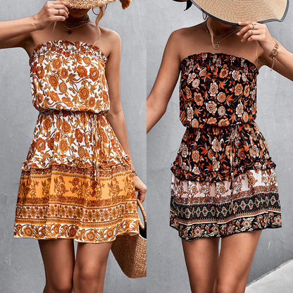 Bohemian Floral Strapless Dress for Women