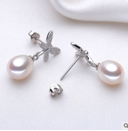 Silver Butterfly Natural Pearl Earrings