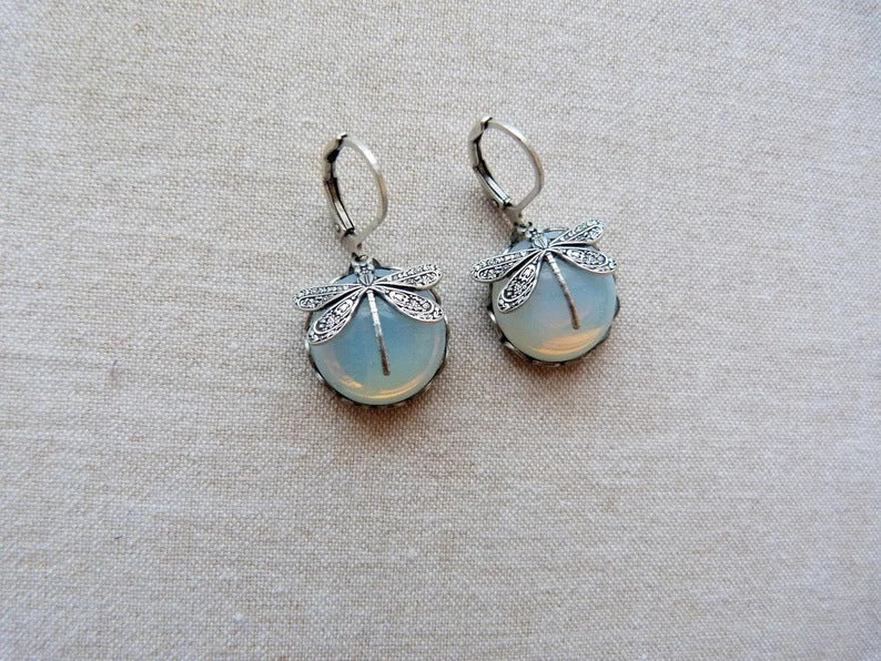 Vintage Dragonfly Pendant Drop Earring with Moonstone