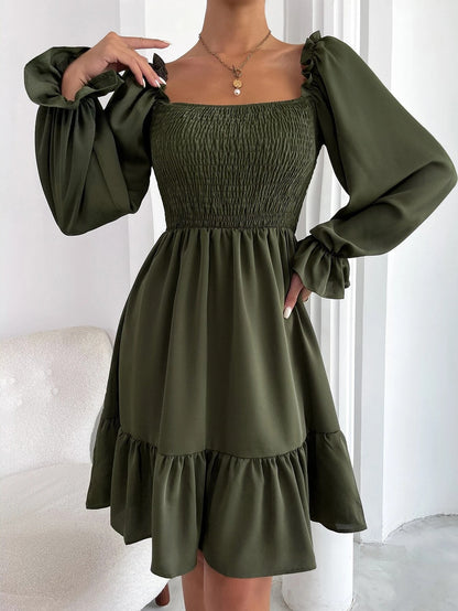 Flared Long Sleeve Square Neck Ruffled Swing Dress