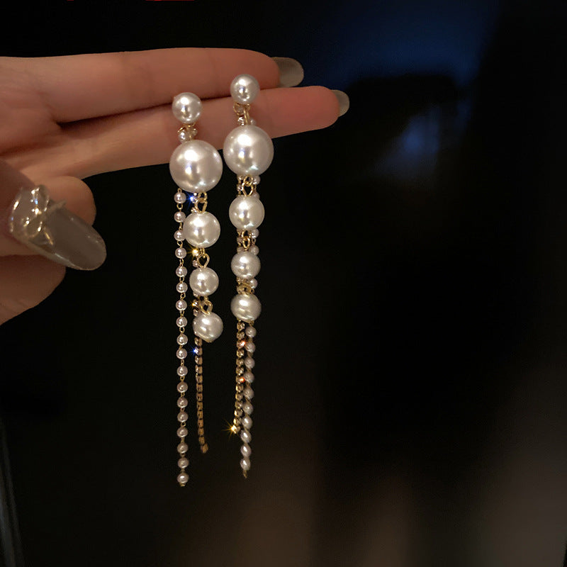 Temperament Pearl Tassel Long Earrings With 925 Silver Needle