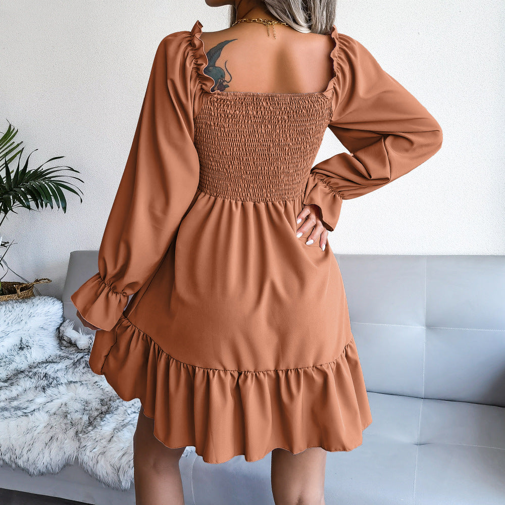 Flared Long Sleeve Square Neck Ruffled Swing Dress