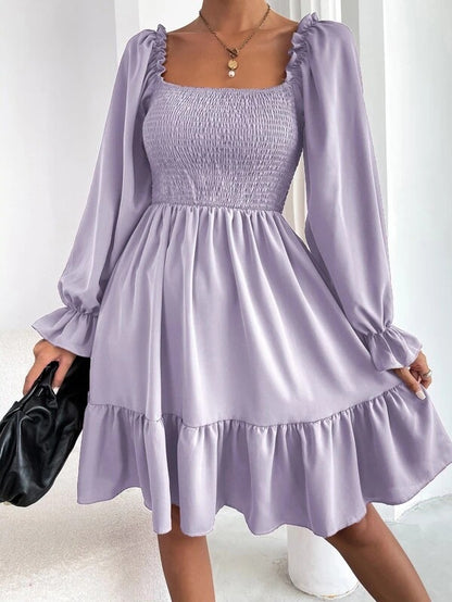 Flared Long Sleeve Square Neck Ruffled Swing Dress