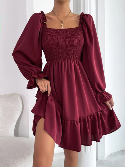 Flared Long Sleeve Square Neck Ruffled Swing Dress