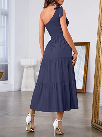 One Shoulder Pleated Layered Hem Split Dress