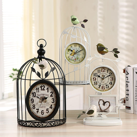 Iron Bird Cage Clock Home Decor